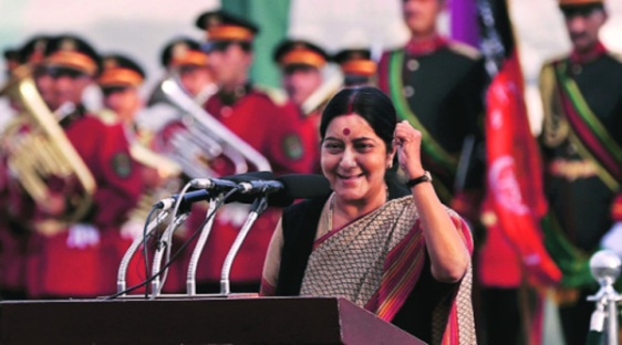 When the Modi government was required to resolutely defend secularism and reiterate its commitment to the constitution, its External Affairs Minister Sushma Swaraj was seen alongside VHP’s Ashok Singhal calling for national recognition for the Gita. (Image: Reuters)